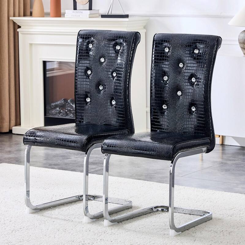 Set of 2 Retro Alligator Skin Upholstered Dining Chairs with Crystal Buckle Design & Faux Leather