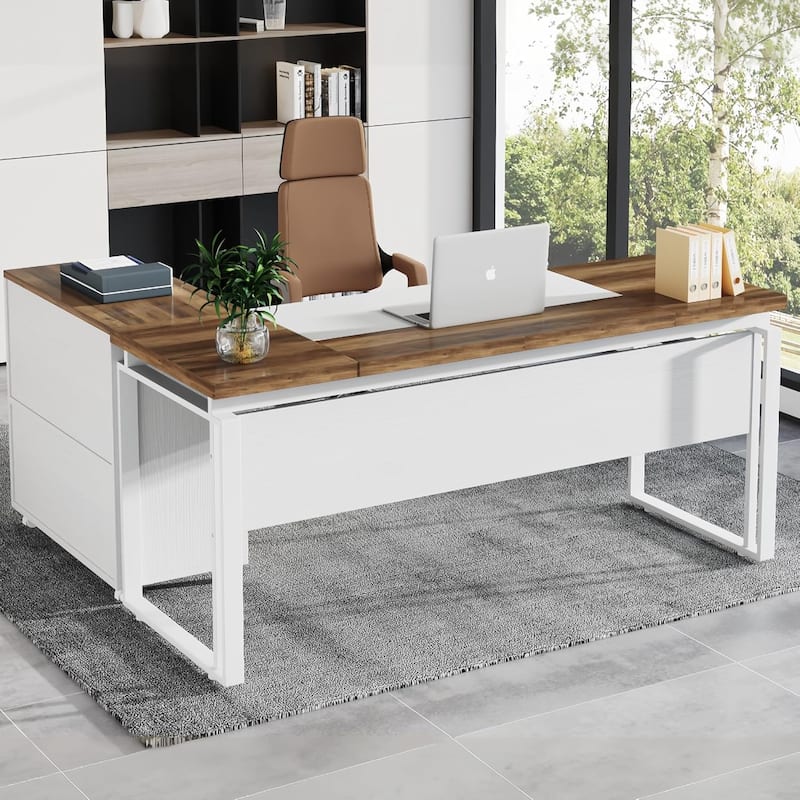 63" L-Shaped Executive Desk Reversible File Cabinet Combo, Office Computer Desk Set with Storage Drawers