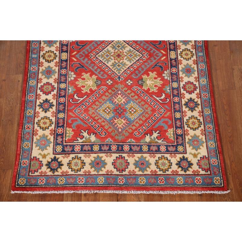 Geometric Kazak Rug Hand-Knotted Red Wool Carpet - 3'4"x 5'2"
