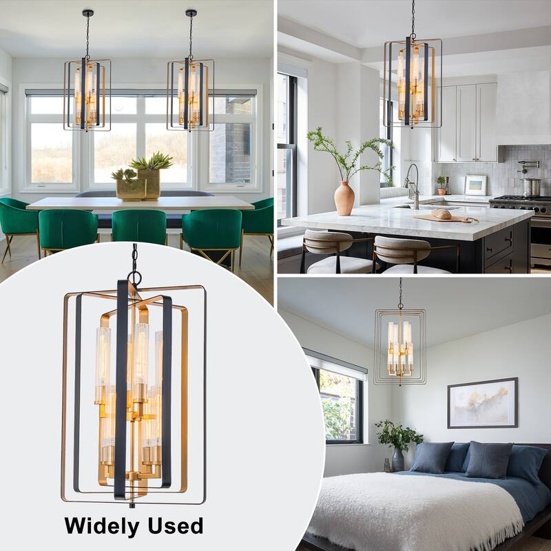 19.7" 8-Light Modern Black Gold Pendant Light with Ribbed Glass Tubes - Dia.19.5-in