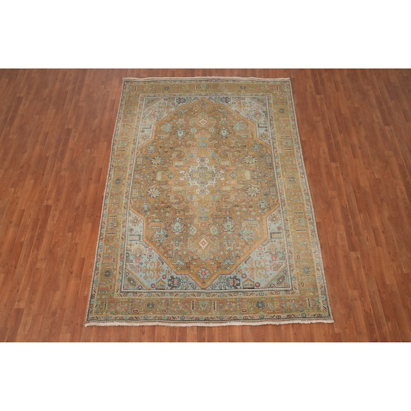 Hand Knotted Oriental 100% Wool Carpet Traditional Medallion Oranges & Rust Tabriz Area Rug - 9' 7'' X 6' 7''