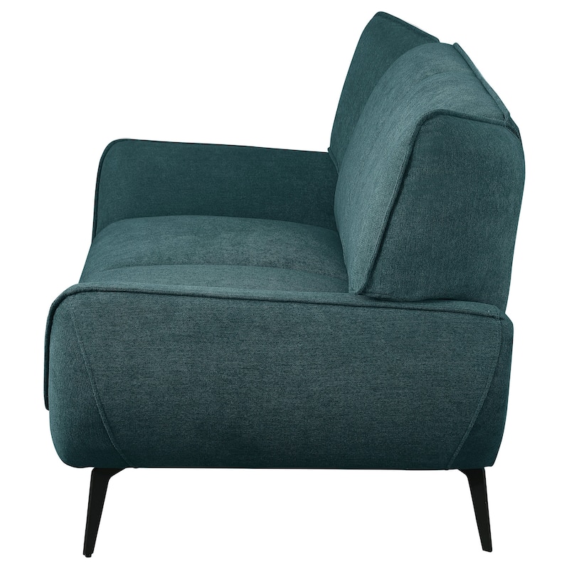 Toer 68 Inch Plush Loveseat, Flared Arms, Teal Blue Fabric, Black Metal