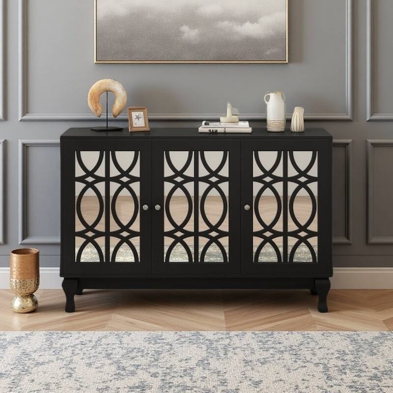 47" Mirrored TV Console for TVs up to 55", Floral Pattern Cabinet with Solid Wood Legs, 3-Door Storage & Adjustable Shelves - Black