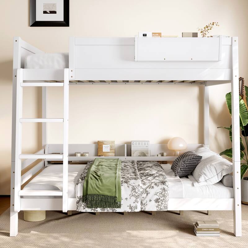 Wood Bunk Bed with Storage Shelves and Bookshelf, Ladder & Guardrails, Detachable Design