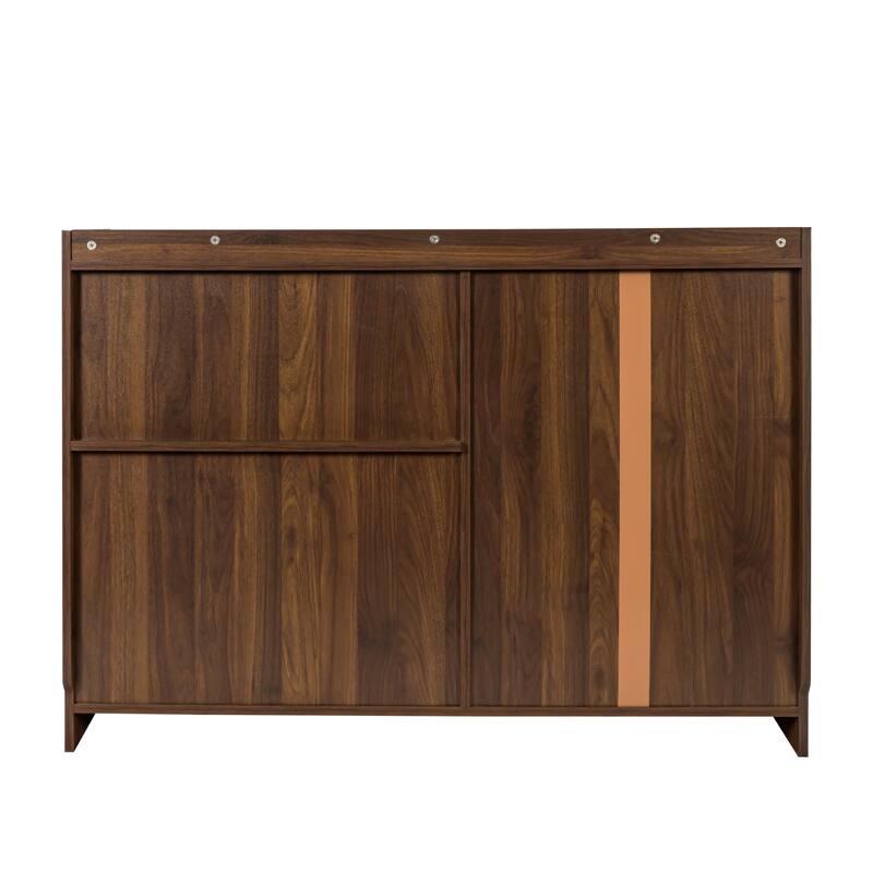 Roomfitters Walnut Sideboard with Sliding Striped Glass Doors, 9-Bottle Wine Rack & Freestanding Storage Cabinet