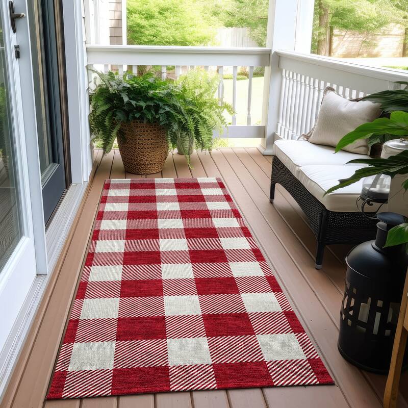 Machine Washable Indoor/ Outdoor Chantille Plaid Rug - Red - 2'3" x 7'6"