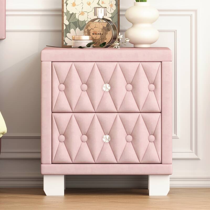 Elegant Velvet Nightstand Storage Cabinet with 2 Drawers, Coffee Table Pink Bedside Table with Crystal Handle - Pink