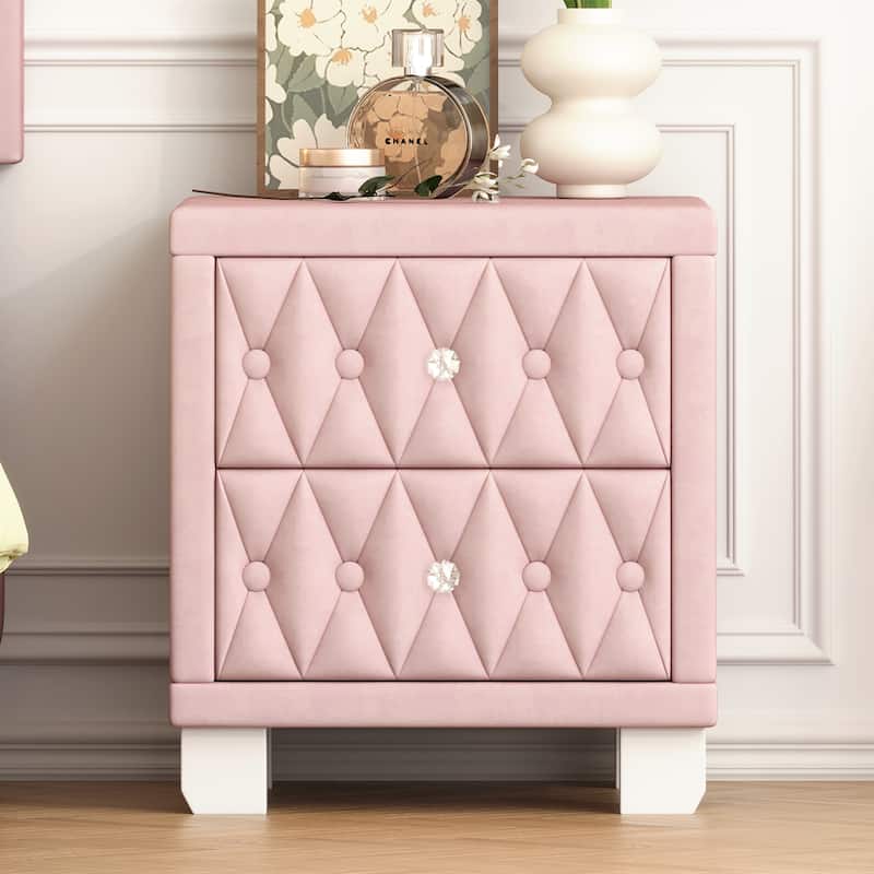 Elegant Velvet Nightstand with 2 Drawers and Crystal Handle, Storage Bedside Table with Button-Tufted - Pink