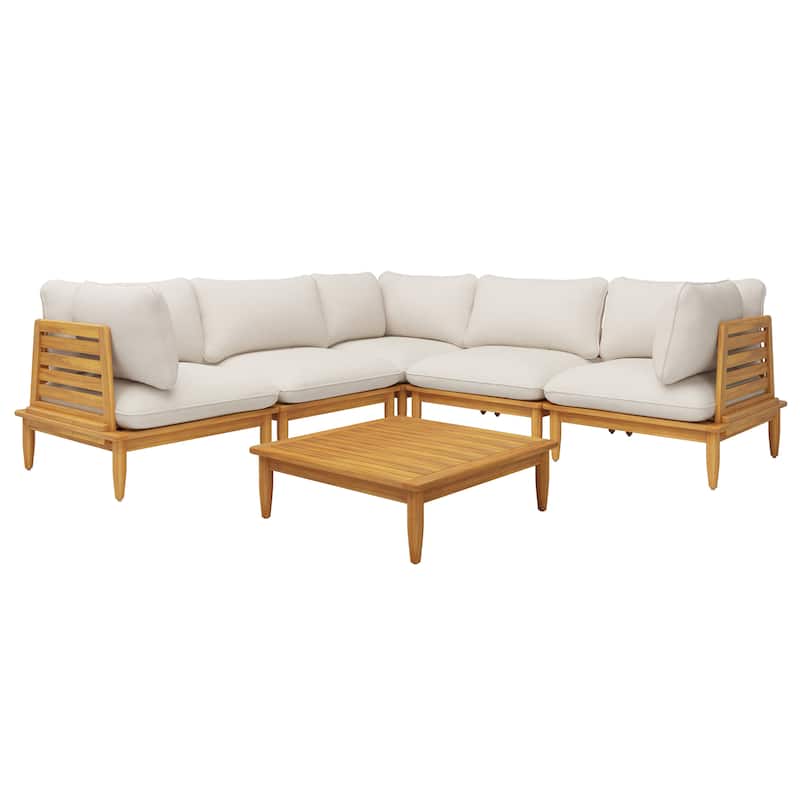 Scott Living Sacova Outdoor Acacia Wood V Shape Seating Set, Teak Finish Frame with Beige Cushion