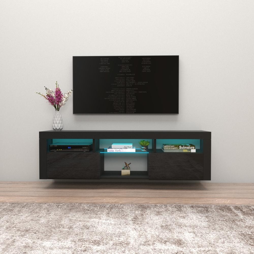 Meble Furniture Bari 160 Wall Mounted Floating 63" TV Stand with 16-Color LED Lights and High Gloss Finish for up to 70" TVs