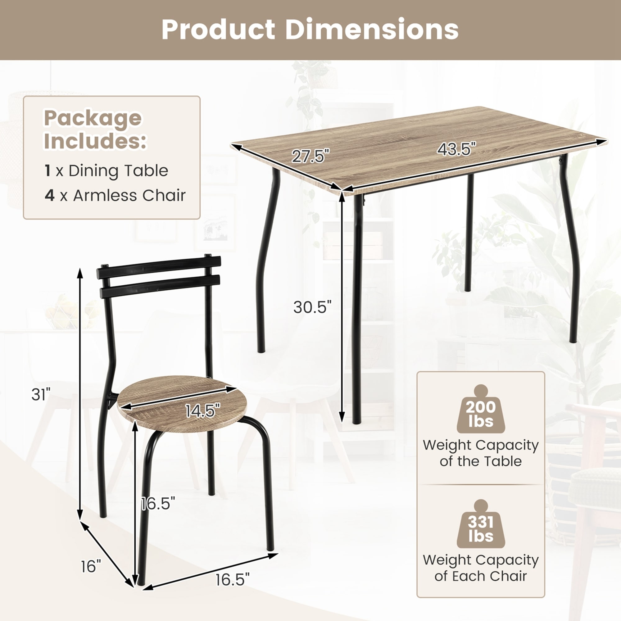 Costway 5PCS Dining Table Set 4 Chairs Wood Metal Frame Space saving