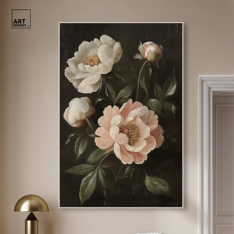 White Peonies in Dark II Canvas by Art Remedy