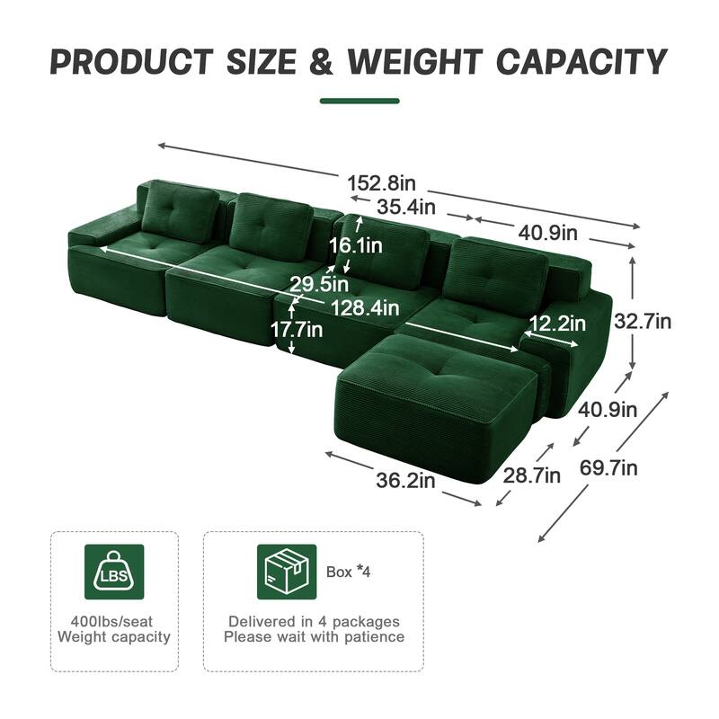 L-Shaped Sectional Couch with Ottoman, Oversized Modular Corduroy Sofa