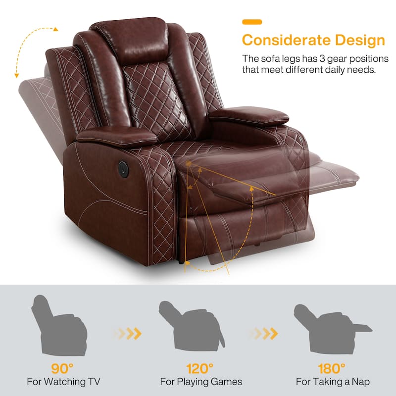 LED Breathing Leather 3-Piece Recliner Sofa Set for Living Room - Brown