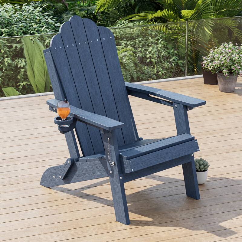 HDPE All-Weather Folding Adirondack Chair with Cup Holder - 1-Piece - NavyBlue