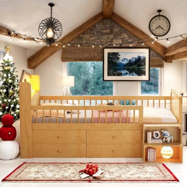 slide 2 of 20, Space-Saving Twin House Loft Bed with LED and Storage Natural