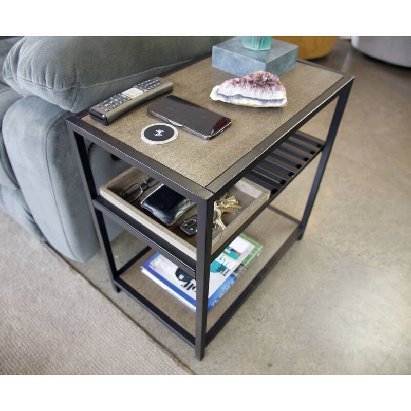 Bamboo & Steel Frame Nightstand/End Table with Wireless USB Charger