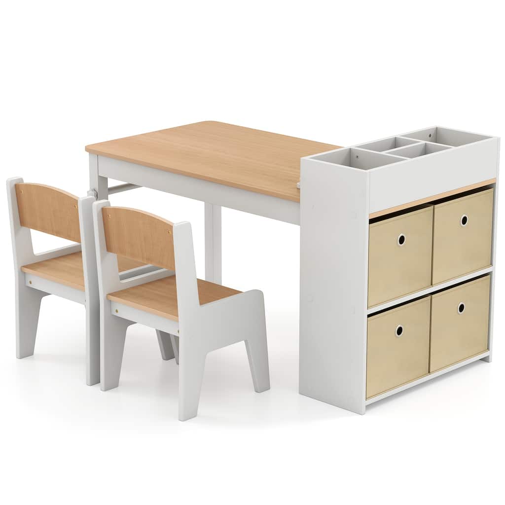 Kids Art Table and 2 Chairs Set with 4 Fabric Storage Bins and 4 Compartments - 39.5" x 20" x 23" (L x W x H)