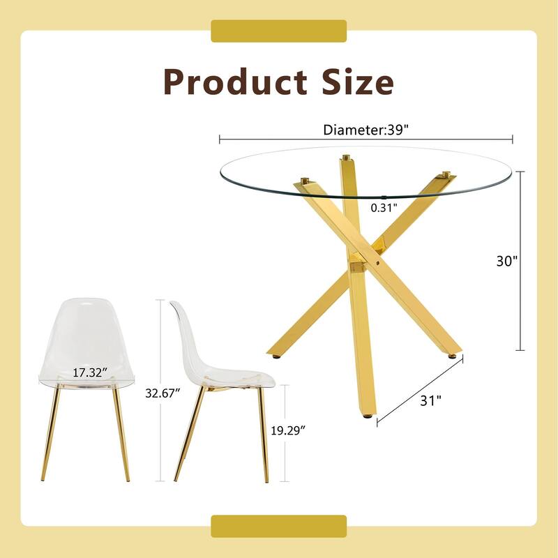 Set of 5 Piece Round Glass Dining Table and 4 Transparent Plastic Chairs X Shaped Metal Base