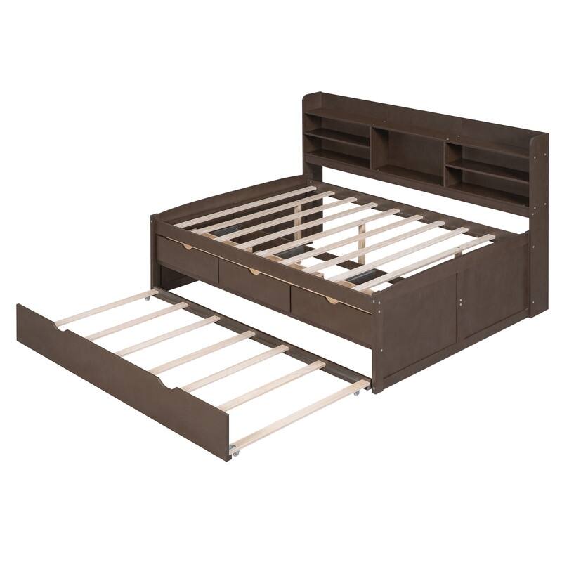 Full Size Wooden Captain Platform Bed with Bookshelves,3 Drawers and Trundle