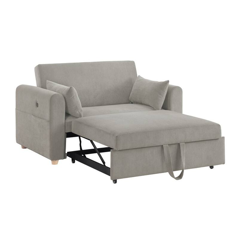 Marielle 55"W Corduroy Convertible Sleeper Loveseat with USB Ports, Magazine Pockets, and Pillows