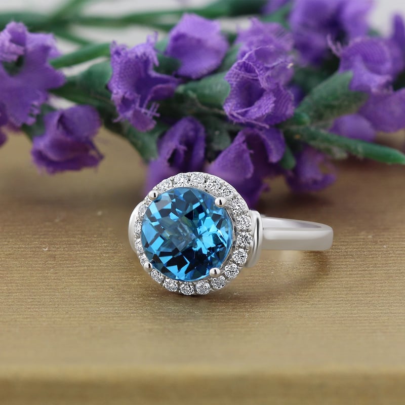 Auriya 3 5/8ct Round Swiss Blue Topaz and Halo Diamond Engagement Ring 1/4ctw 14k Gold