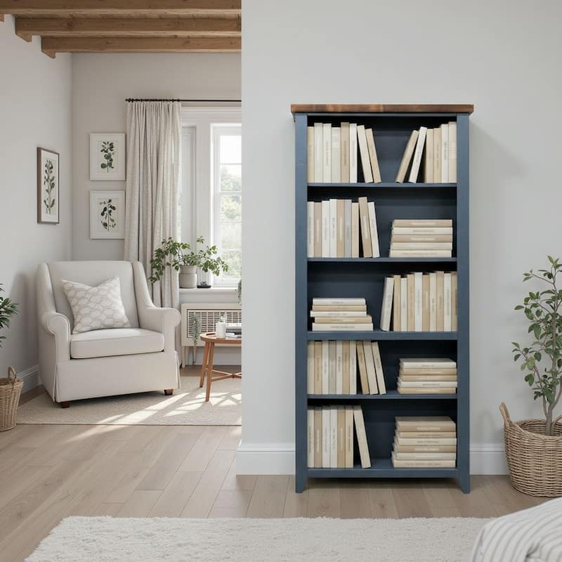Bridgevine Home Nantucket 72 inch high 5-shelf Bookcase, No Assembly Required, Blue Denim and Whiskey Finish
