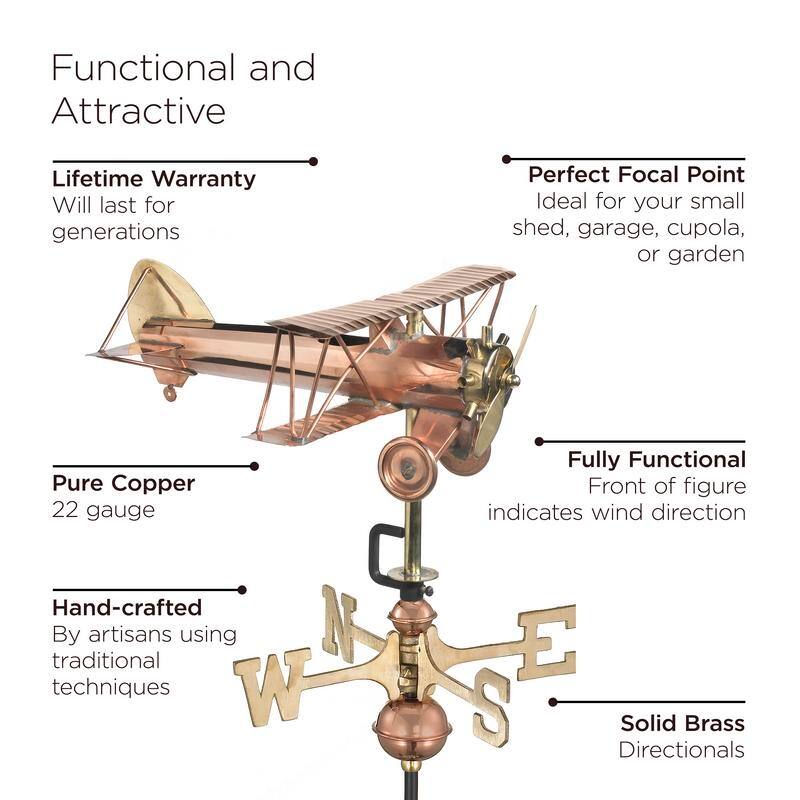 Biplane Pure Copper Garden Weathervane with Garden Pole by Good Directions