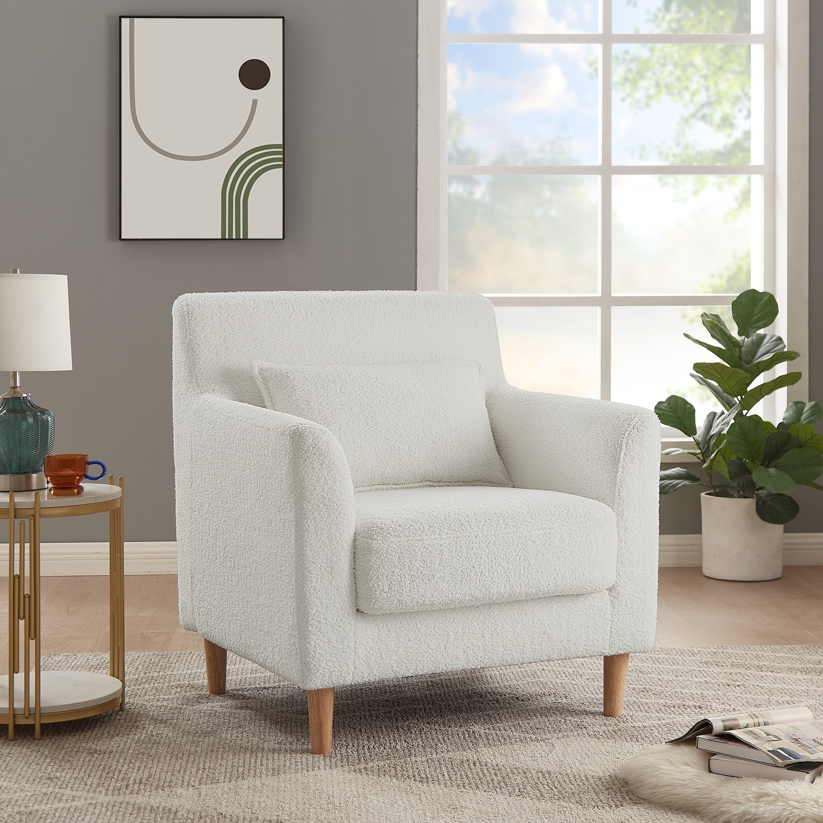 Lambswool Accent Chair Boucle living Room Arm Chair With Toss Pillow