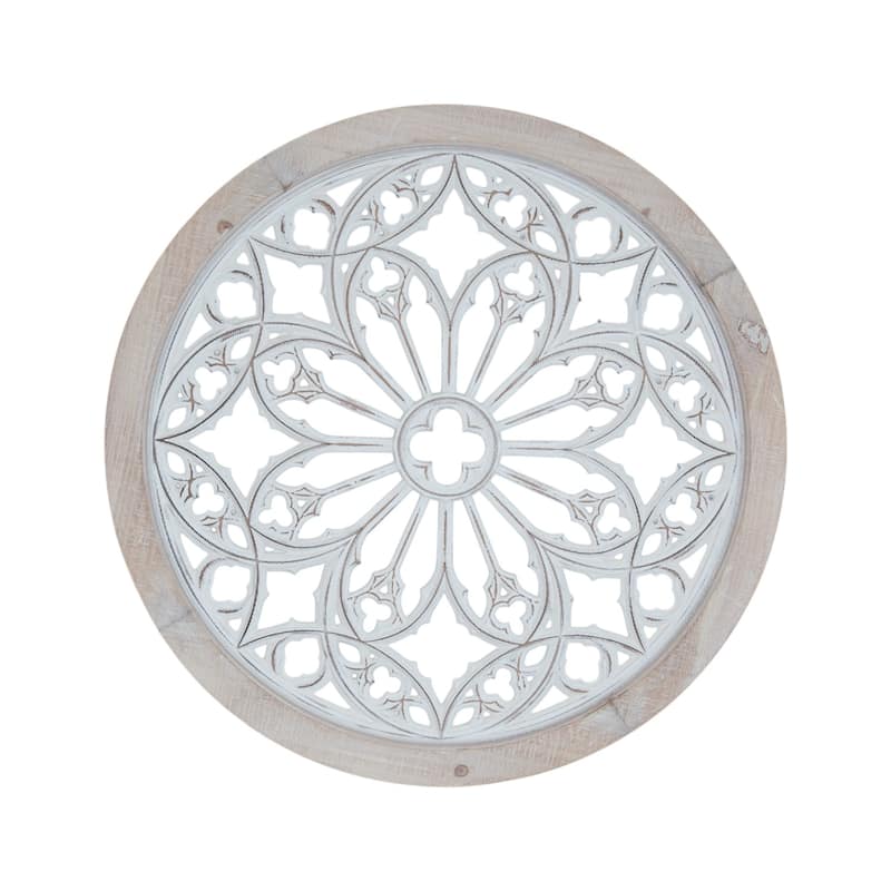HomeRoots 25" Natural And White Wood Medallion Round Hanging Wall Decor