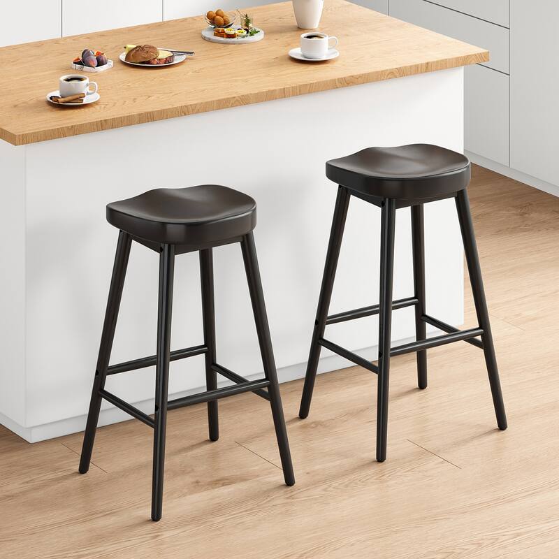 30.3" Solid Wood Bar Stools, Set of 2, Backless Saddle Seat Counter Stools with Footrests, Mid-Century Modern Bar Chairs