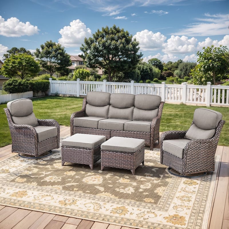 Outdoor Sofa with 6-Inch Thick Cushions Furniture for Porch - Brwon Wicker Grey Cushion - 5PCS Sofa w/ Swivel Chair Ottoman