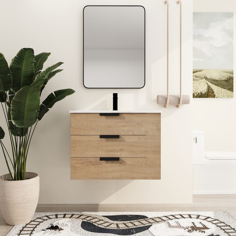 Malwee 30" Floating Bathroom Vanity, Wall Mounted Bathroom Vanity with Resin Sink,Soft Close Drawers and Side Adjustable Shelves