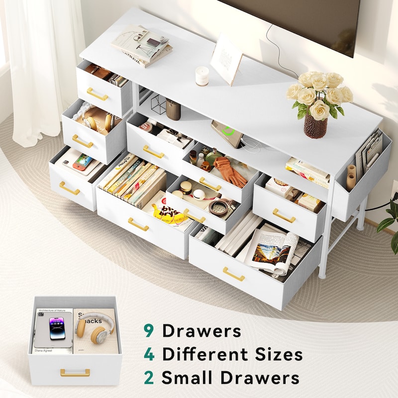 Moasis 50"W 9-drawer Fabric Dresser, Media Console, TV Stand with Outlets, RGB Lights