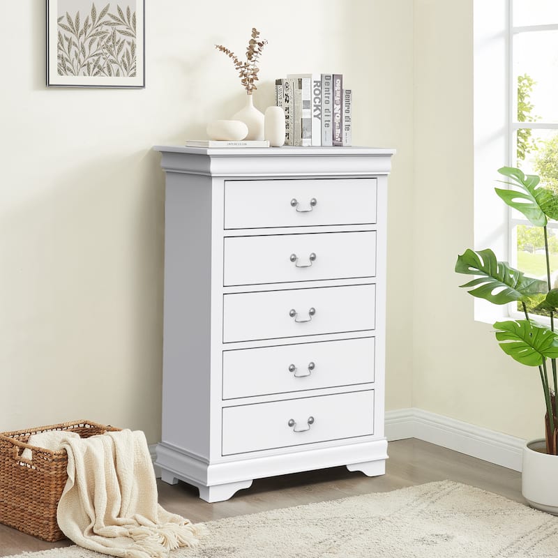 48" Tall Modern White Solid Wood 5-drawer Storage Chest