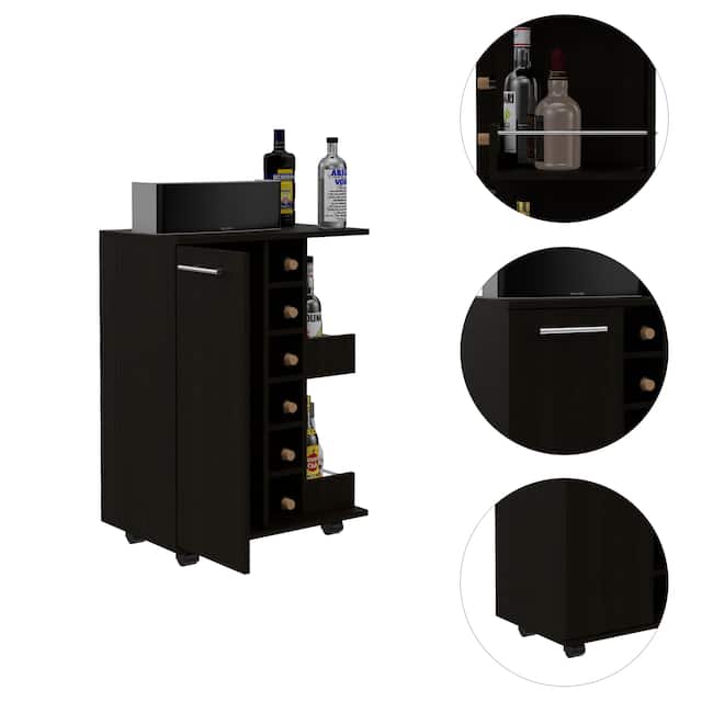 Bar Cart with 2 External Shelves, 4 Casters, 6 Wine Cubbies, and Single Door Cabinet - 23" W x14"D x 32"H