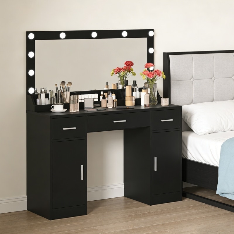 47.2"Vanity Desk with Large Mirror, 3 Colour Lighting Modes, Adjustable Brightness, Dresser with 3 Drawers & 2 Vertical Cabinets