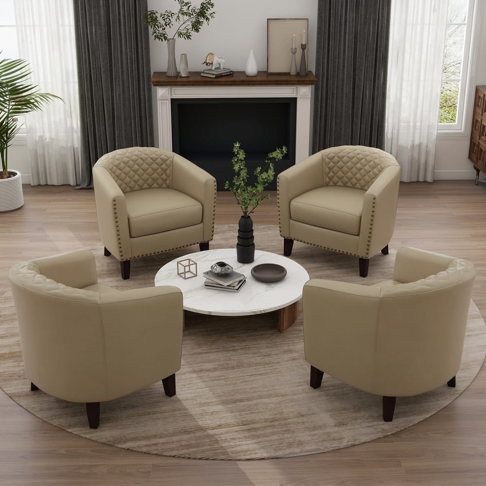 Modern Leather Nailheads Trim Barrel Accent Chairs with Wood Legs