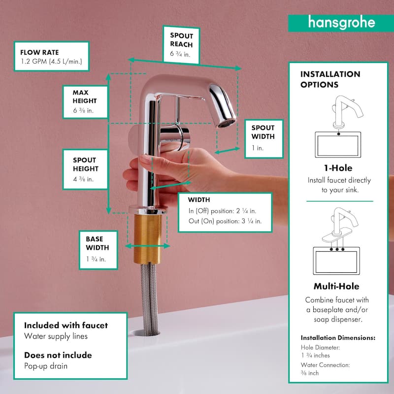 Hansgrohe 73321 Tecturis S 1.2 GPM Single Hole Bathroom Faucet with