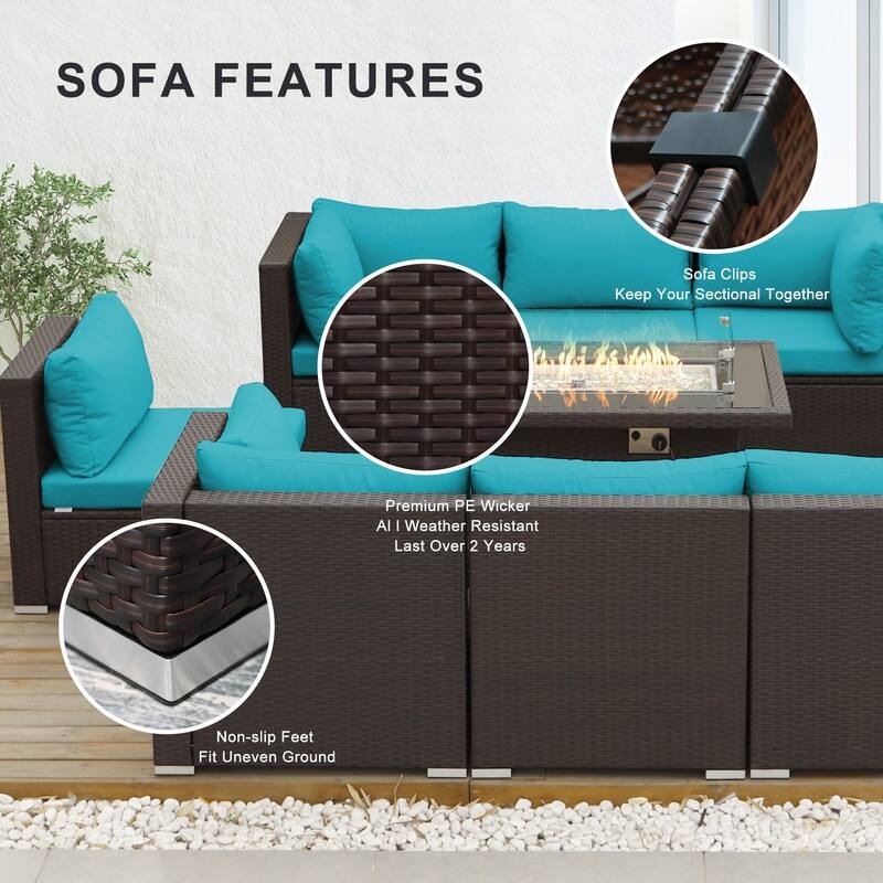 9-Piece Outdoor Brown Wicker Sectional Patio Conversation Set with 43″ Fire Pit Table, Cushion