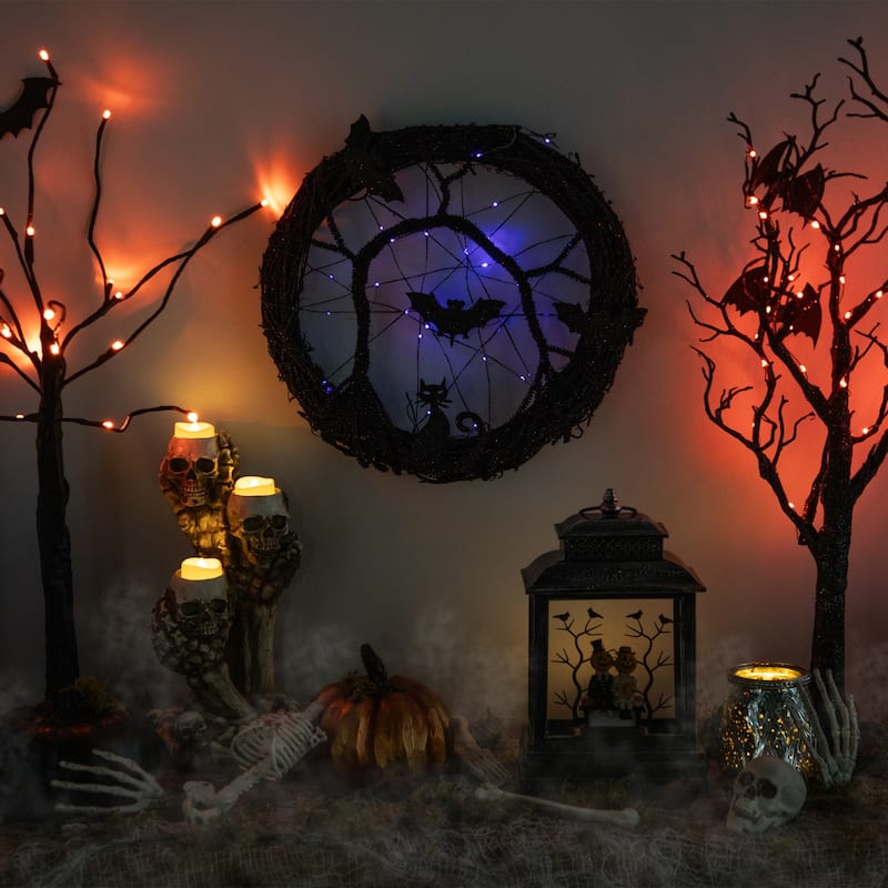 LED Black Twig Halloween Wreath With Bats, 13-Inch, Purple Lights