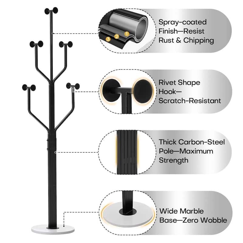 Freestanding Metal Coat Rack with 10 Hooks and Heavy Duty Marble Base - 68.1"H x 18.5"W(top) x 13.2"Dia(base)