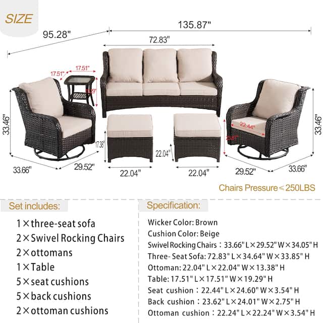 OVIOS 6-piece Rattan Wicker Patio Furniture Set Swivel Rocking Chair Set