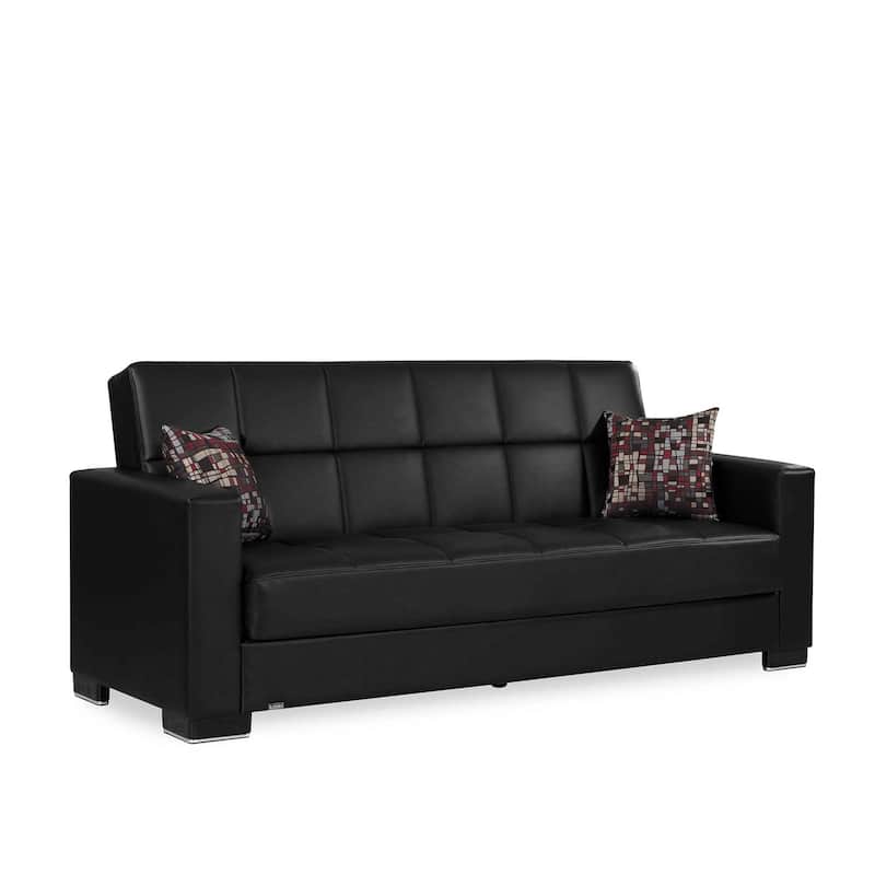 HomeRoots 87" Black Faux Leather Convertible Futon Sleeper Sofa And Toss Pillows With Storage