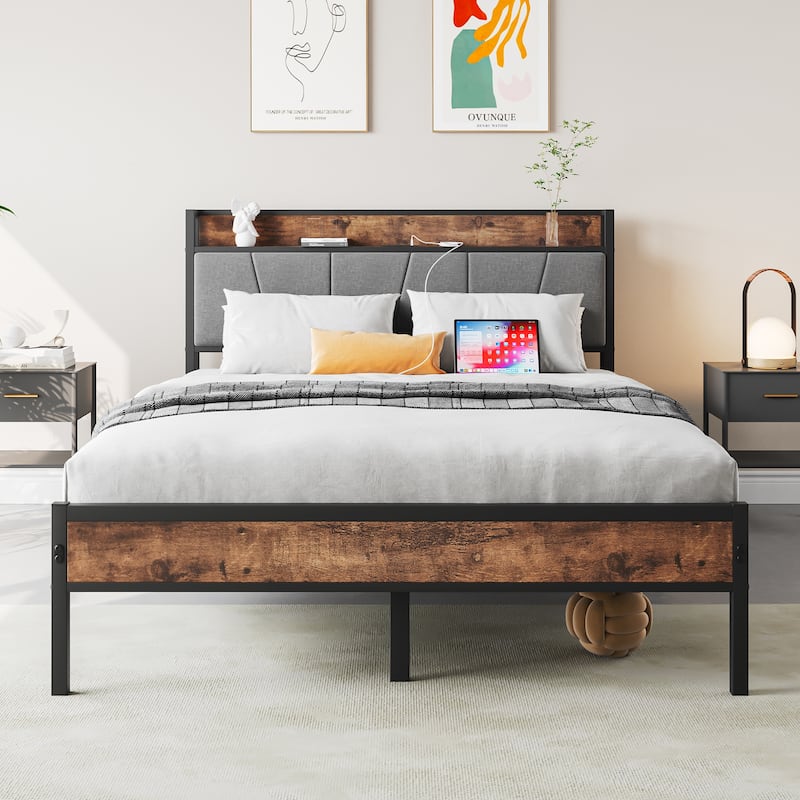 Anmytek Full Size Bed Frame with Headboard and Charging Station Industrial Rustic - Walnut
