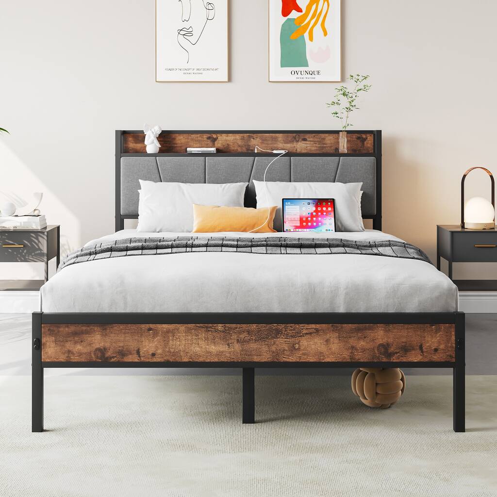 Brown Full Metal Platform Bed with Upholstered Headboard