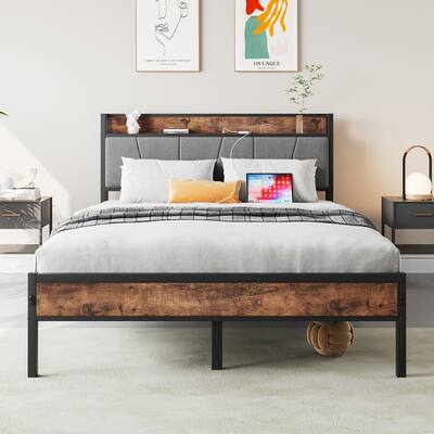 Brown Full Platform Bed Frame in Metal & Wood with Storage Headboard and Charging Station