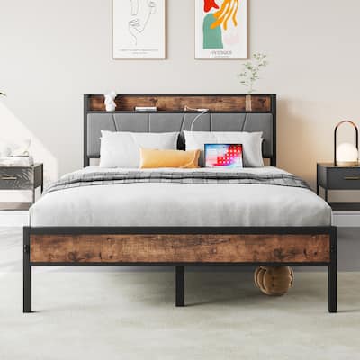 Brown Metal & Wood Full Bed with Storage Headboard