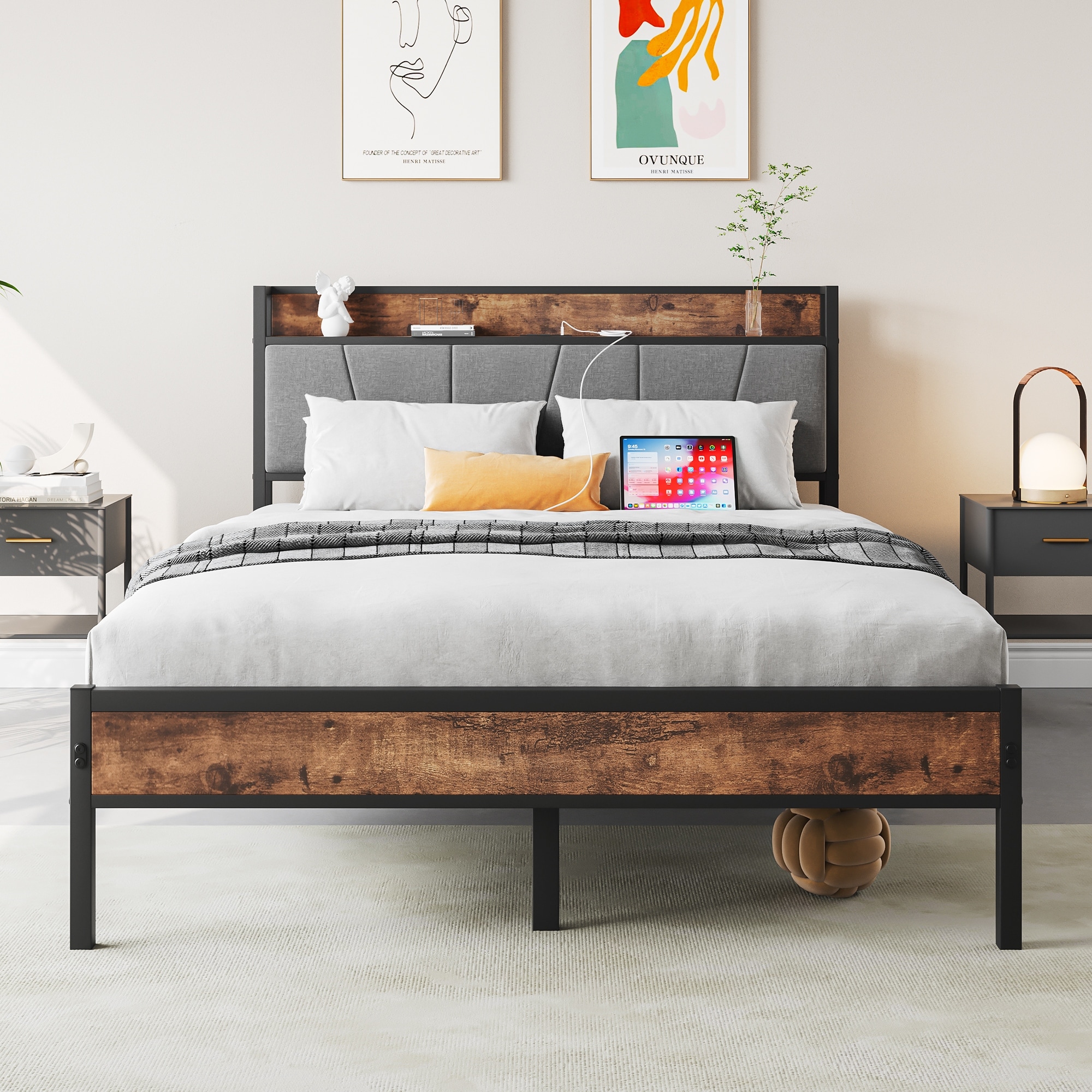 Rustic Platform Bed Metal Slat Bed Frame Mattress Foundation with Charging Station and Upholstered Headboard