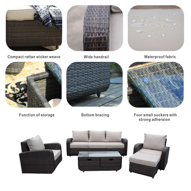 5-Piece Outdoor Wicker Sofa Set with Aluminum Firepit Table